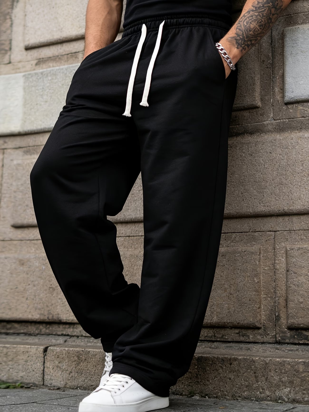 Men's Straight-Leg Casual Pants - Elastic Drawstring & Belt