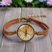 Adventure Style Compass Pattern Round Glass Dome Brown Leather Bracelets Accessory Gifts for Friends