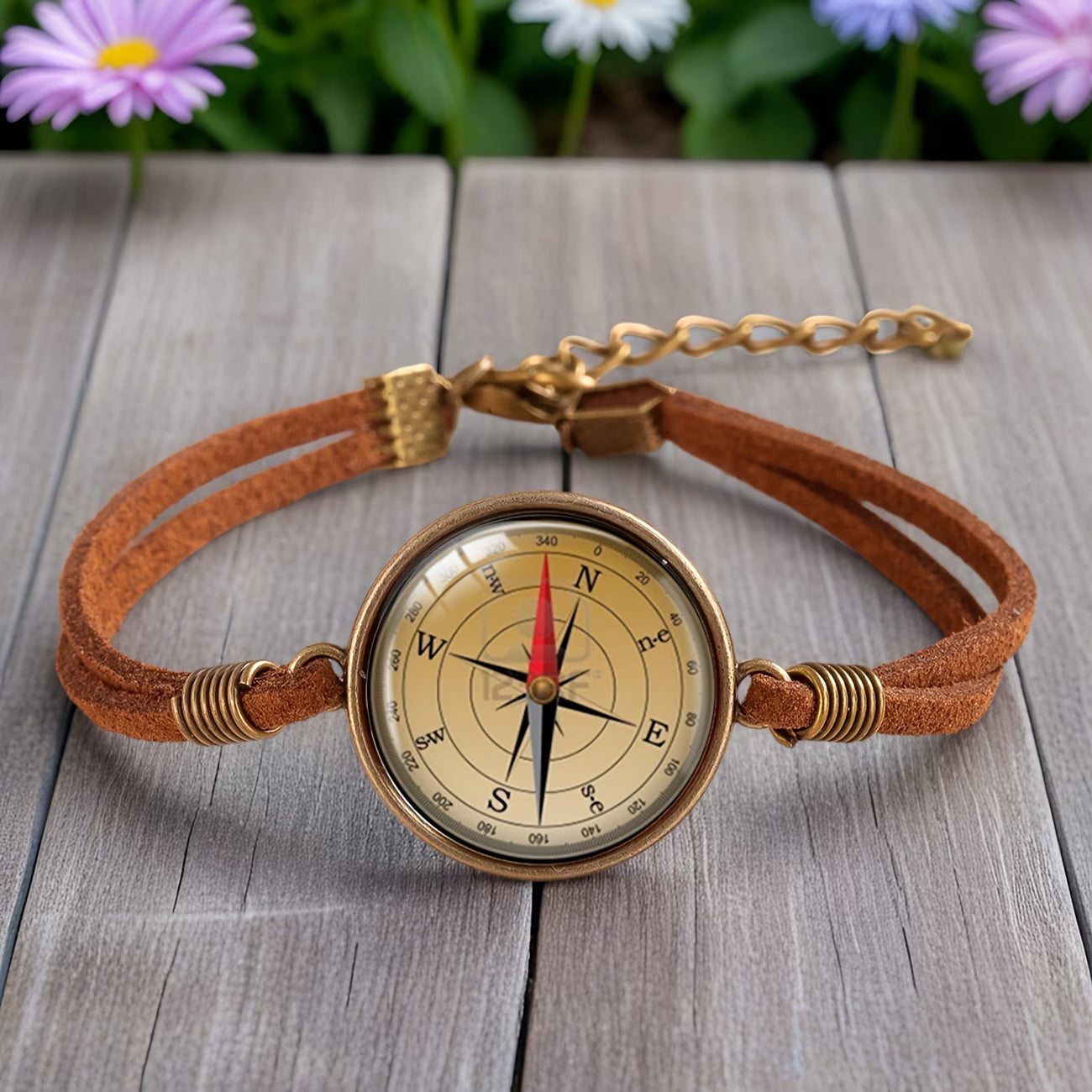 Adventure Style Compass Pattern Round Glass Dome Brown Leather Bracelets Accessory Gifts for Friends