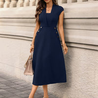 Women's Solid Color Cuffed Sleeve Pocket Button Midi Dress – Elegant Green Office & Party Dress