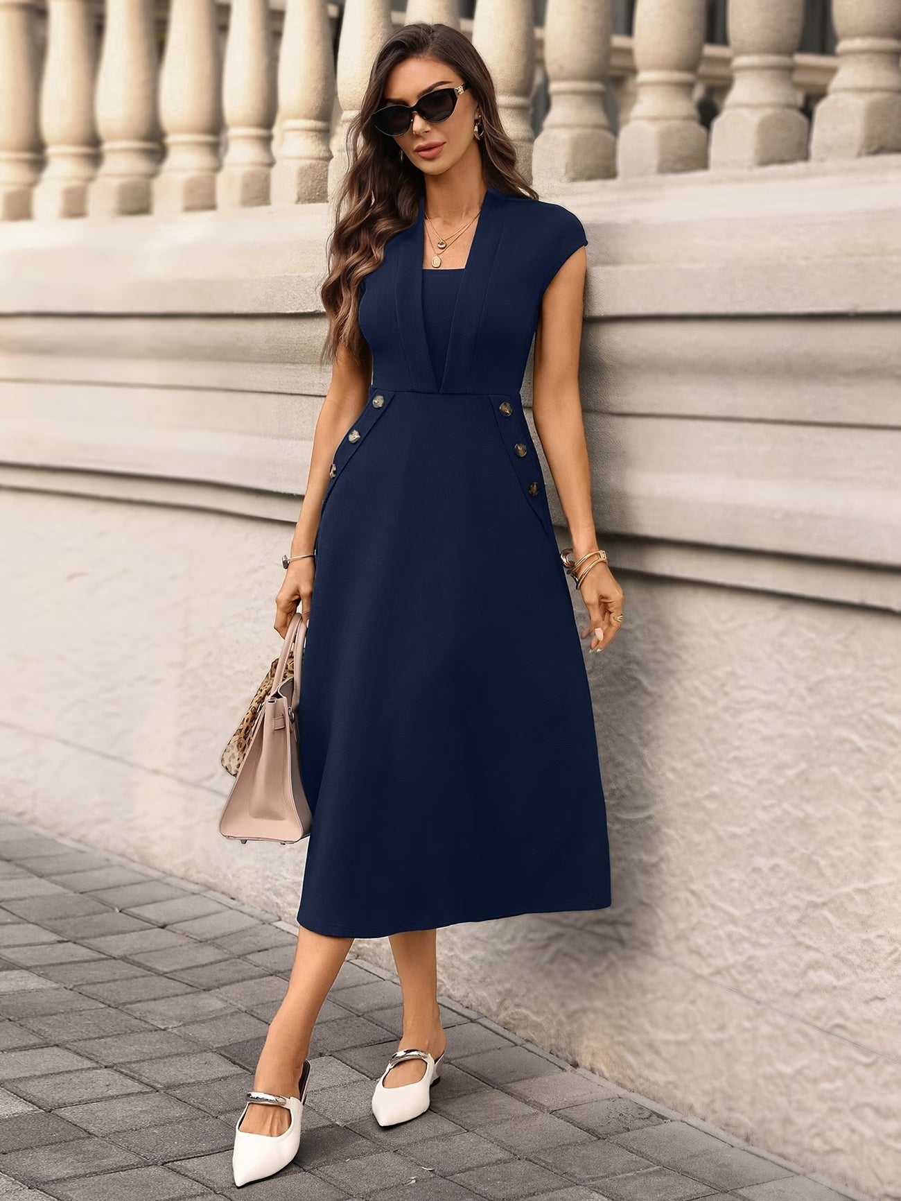 Women's Solid Color Cuffed Sleeve Pocket Button Midi Dress – Elegant Green Office & Party Dress