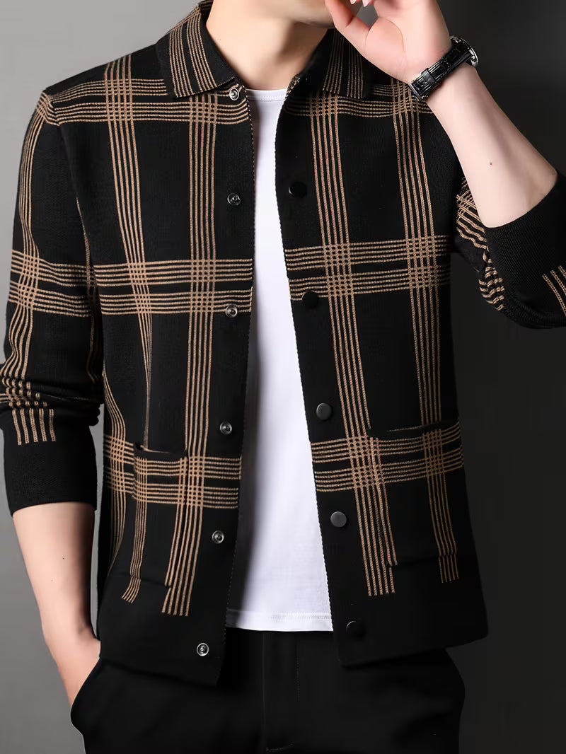 Men's Plaid Casual Cardigan Sweater Jacket – Long-Sleeve Lapel Knitwear for Spring & Autumn