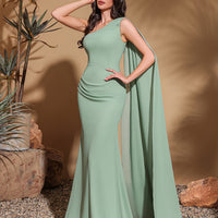 Elegant Off-Shoulder Chiffon Evening Gown – Asymmetrical Long Sleeve Cape Bodycon Dress for Weddings & Galas