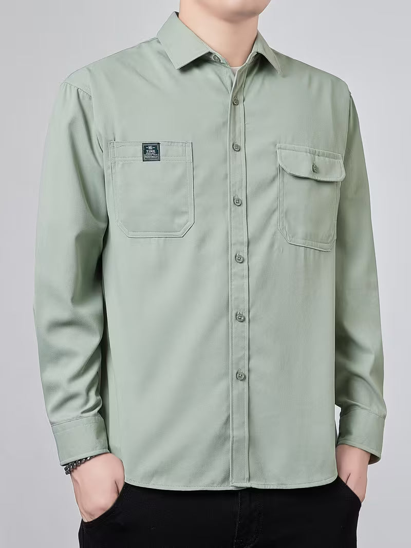 Men's Casual Solid Color Shirt – Collared Button-Up with Dual Pockets | All-Season Wear