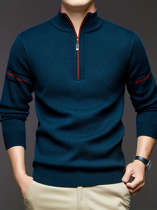 Men'S Autumn And Winter Sweater - Thick Warm Knitted Top - Half High Collar Zip Style