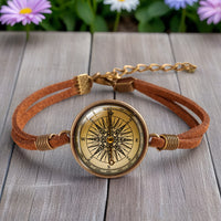 Adventure Style Compass Pattern Round Glass Dome Brown Leather Bracelets Accessory Gifts for Friends