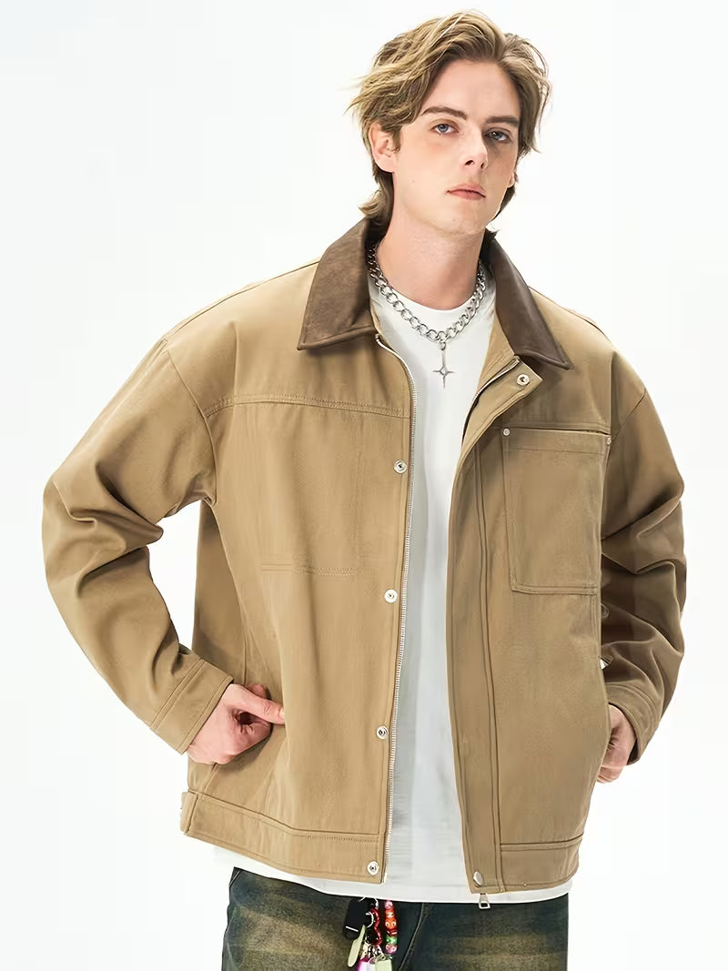 Men's Pure Wool Lapel Casual Sport Jacket – Loose Work Outerwear in Khaki, Black, Beige & Olive Green