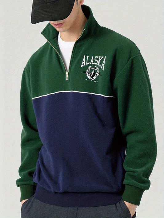 Men'S Autumn And Winter Color-Blocked Fleece Half-Zip Pullover Sweatshirt