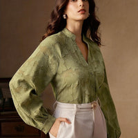 Women's Elegant Christmas Party Blouse – Long Sleeve V-Neck Sheer Jacquard Top in Wine Red