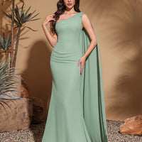 Elegant Off-Shoulder Chiffon Evening Gown – Asymmetrical Long Sleeve Cape Bodycon Dress for Weddings & Galas