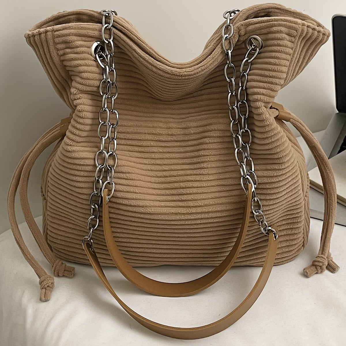 Casual Ladies Tote Bag | Large Capacity, Corduroy Material, Striped Pattern