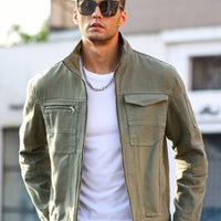 Men'S Summer Regular Fit Washed Denim Jacket in Solid Military Green, Non-Stretch And Casual for Outings
