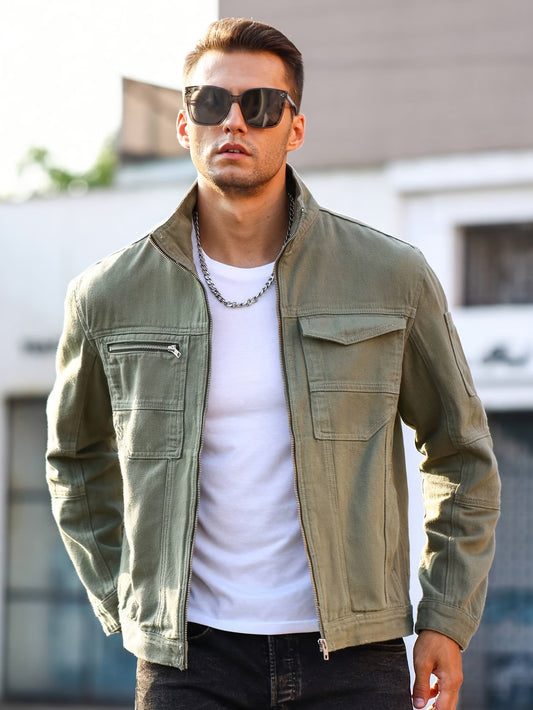 Men'S Summer Regular Fit Washed Denim Jacket in Solid Military Green, Non-Stretch And Casual for Outings