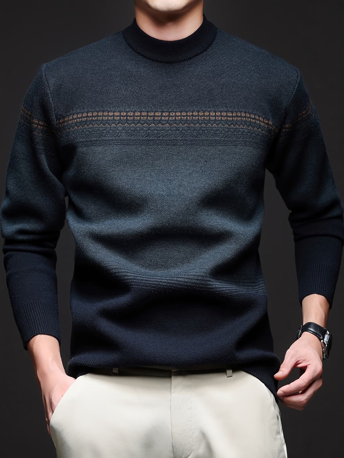 Men's autumn and winter sweater round neck pullover jacquard knit sweater simple casual striped top