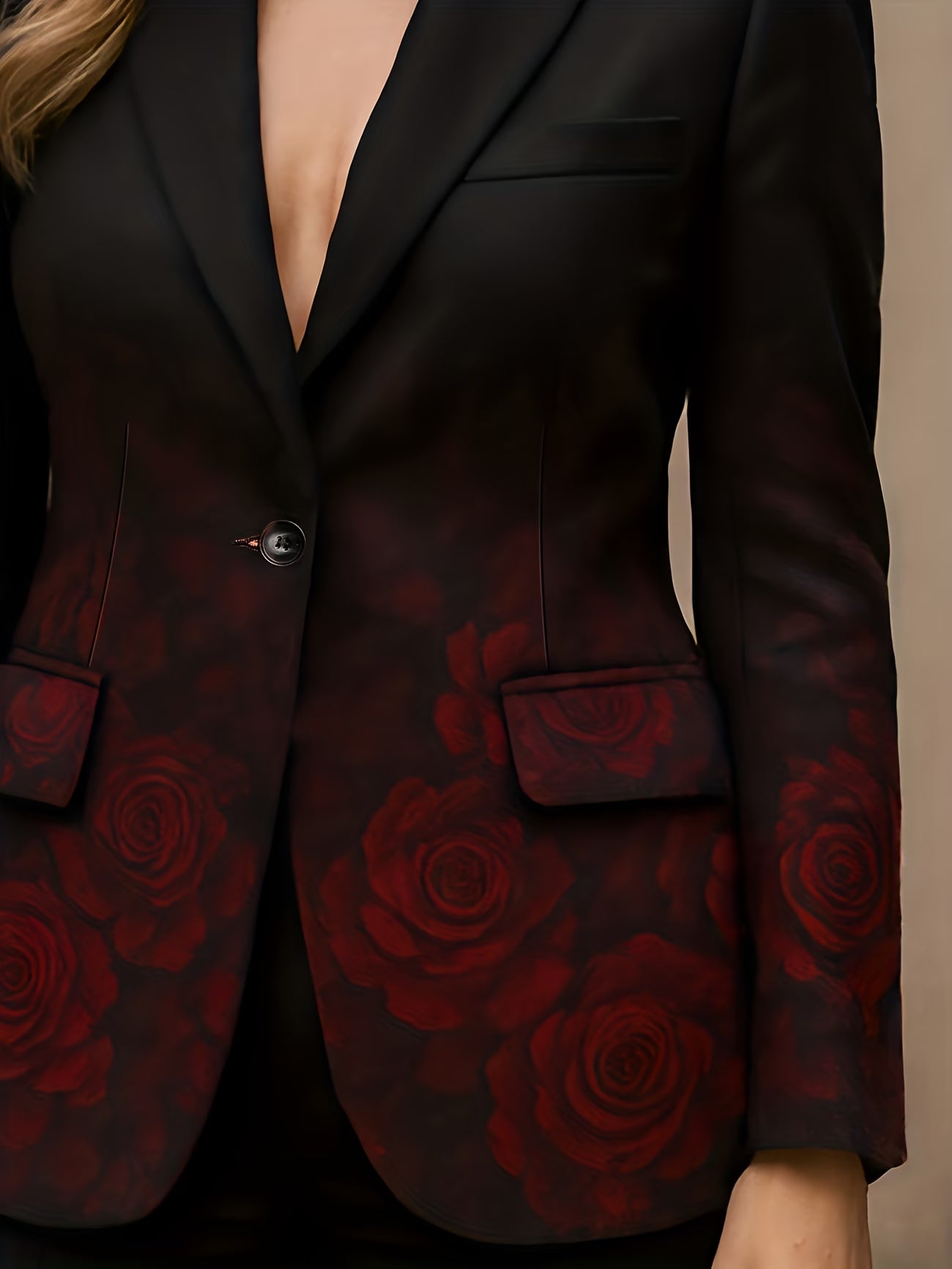Stylish New Gradient Rose Print Blazer, Casual Suit Jacket with a High-End Feel