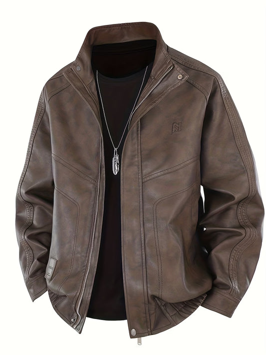 Men's Brown Faux Leather Jacket - Vintage Biker Style