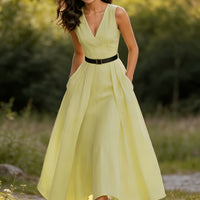 2026 French Style Waist-Cinching Sleeveless V-Neck Long Dress with Belt – High-End Elegant Spring Summer Dress