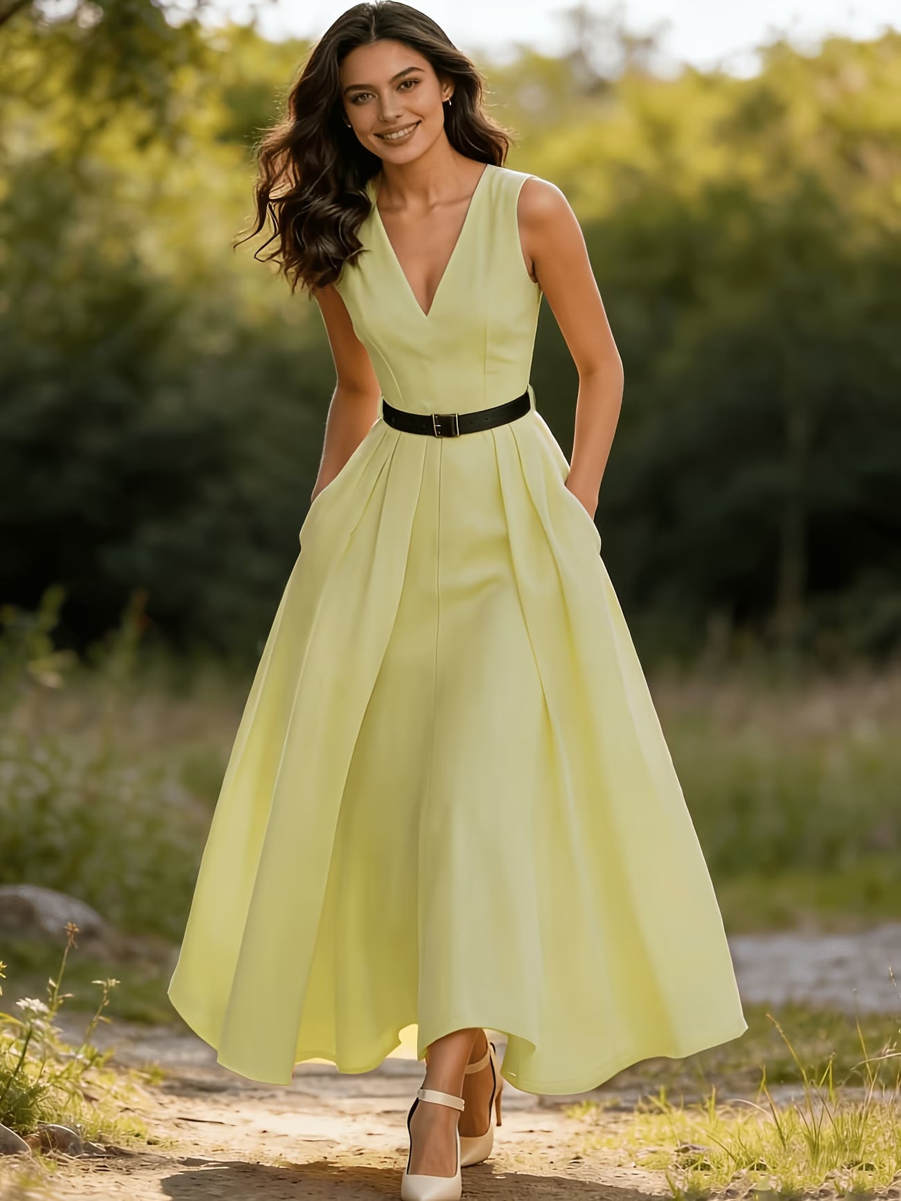 2026 French Style Waist-Cinching Sleeveless V-Neck Long Dress with Belt – High-End Elegant Spring Summer Dress