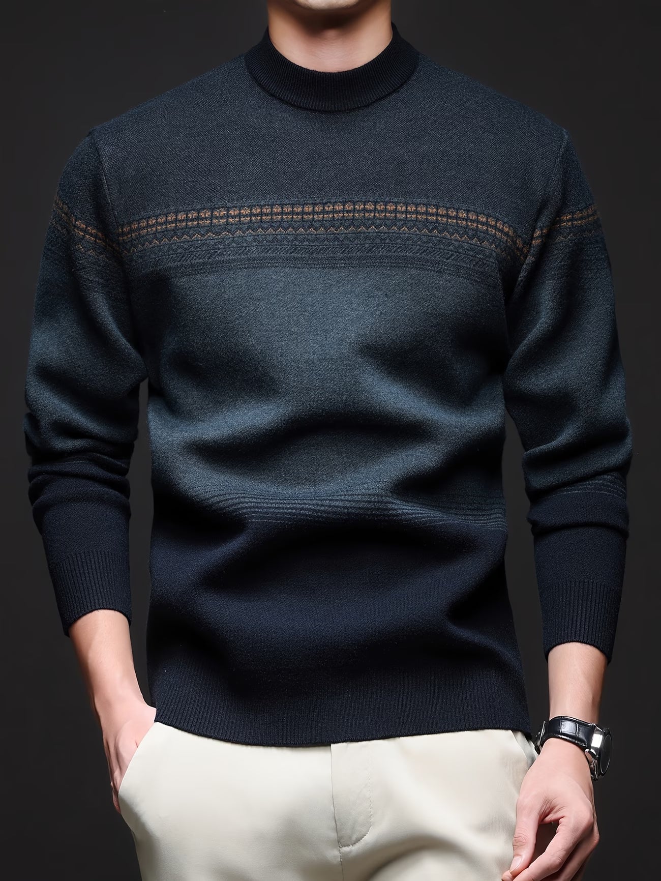 Men's autumn and winter sweater round neck pullover jacquard knit sweater simple casual striped top