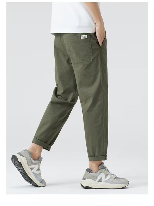 Men's Slim Fit Stretch Casual Trousers – Solid Color Nine-Point Straight-Leg Pants for Spring/Autumn 2025