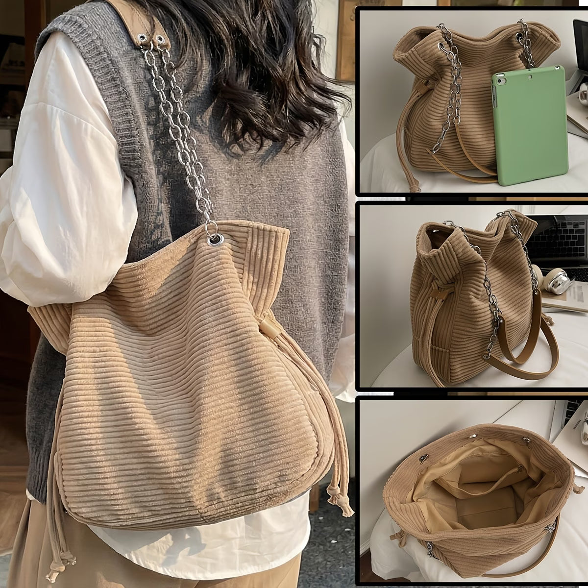 Casual Ladies Tote Bag | Large Capacity, Corduroy Material, Striped Pattern