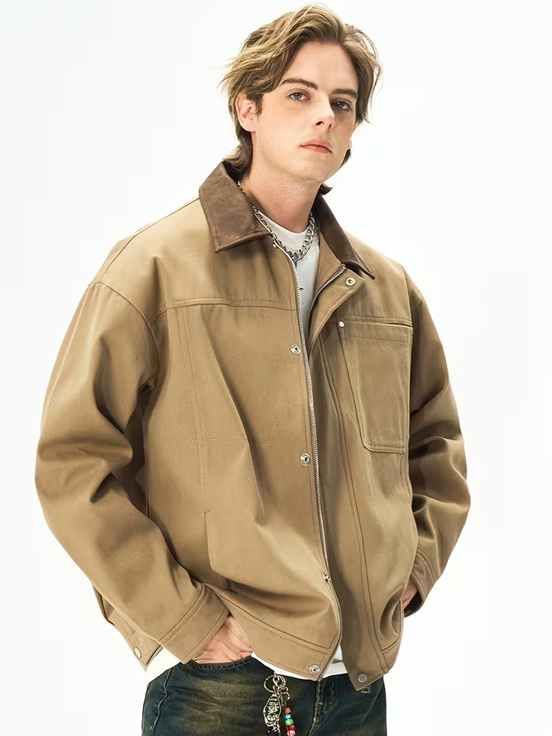 Men's Pure Wool Lapel Casual Sport Jacket – Loose Work Outerwear in Khaki, Black, Beige & Olive Green