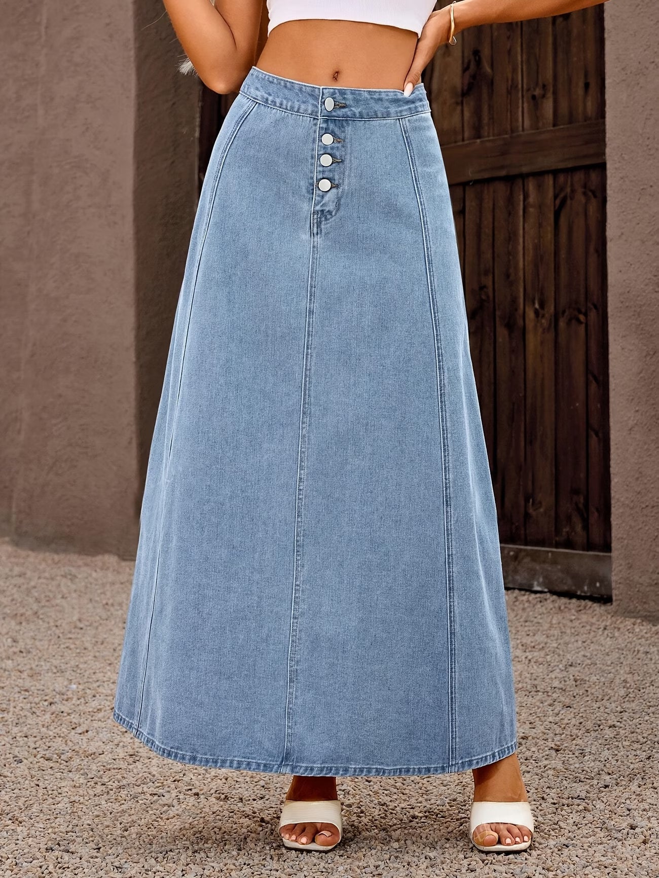 Casual Fashion Women's Simple Button- Mid-waist Denim Skirt