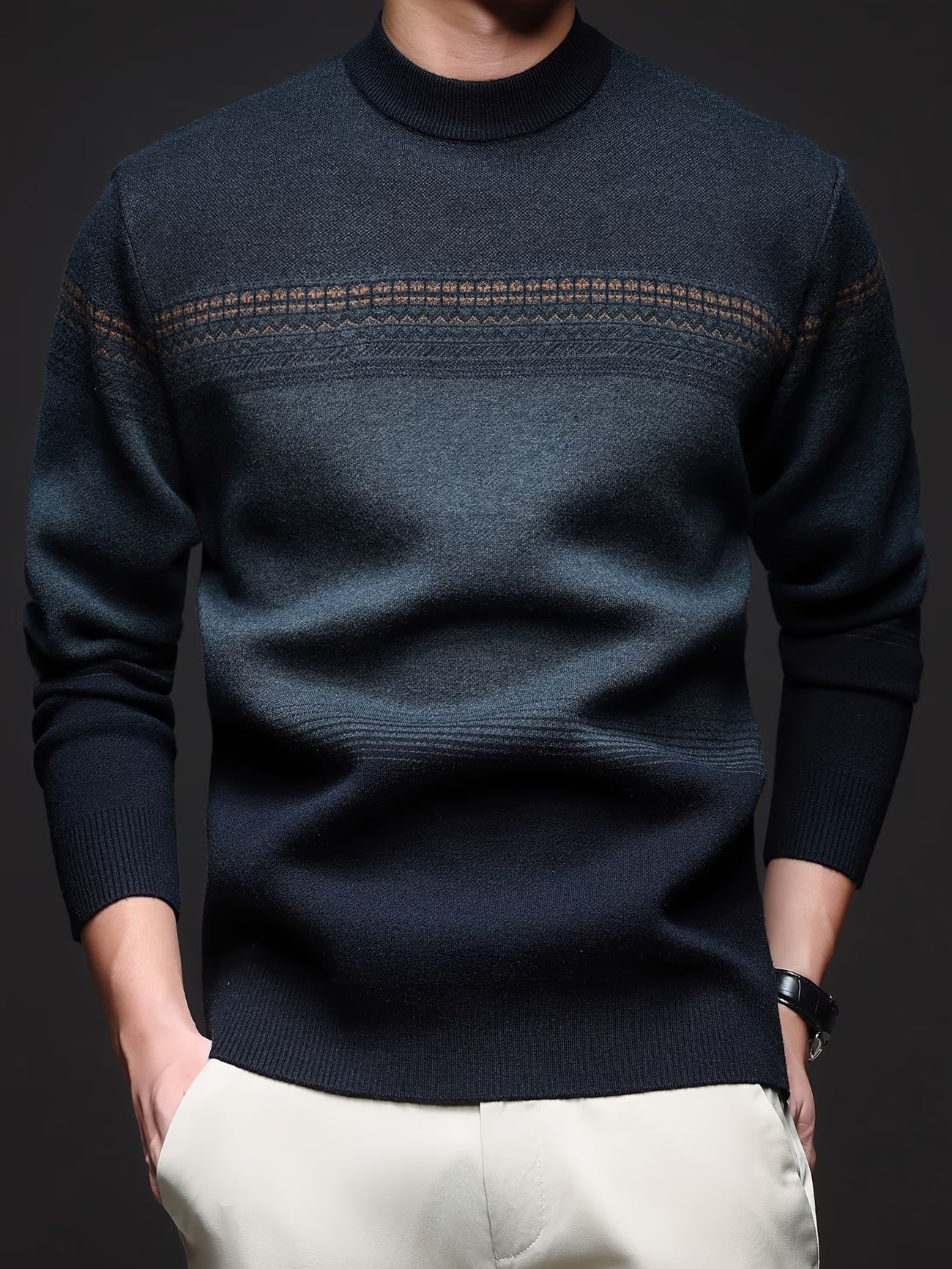 Men's autumn and winter sweater round neck pullover jacquard knit sweater simple casual striped top