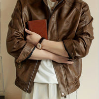 PU Jacket with Stand Collar and Metal Zipper, Motorcycle Style Spring/Autumn Outerwear