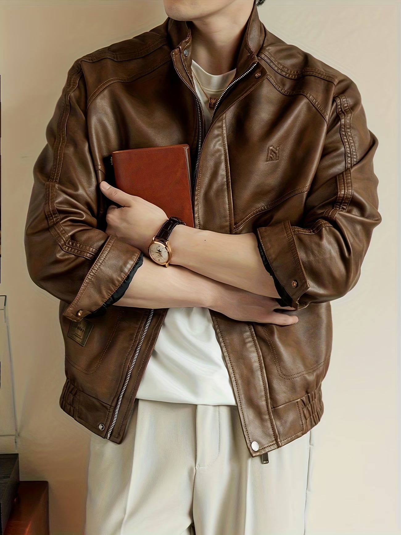 PU Jacket with Stand Collar and Metal Zipper, Motorcycle Style Spring/Autumn Outerwear