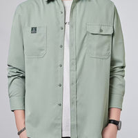 Men's Casual Solid Color Shirt – Collared Button-Up with Dual Pockets | All-Season Wear