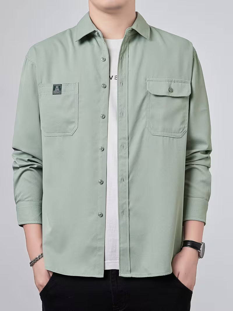 Men's Casual Solid Color Shirt – Collared Button-Up with Dual Pockets | All-Season Wear