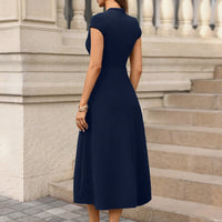 Women's Solid Color Cuffed Sleeve Pocket Button Midi Dress – Elegant Green Office & Party Dress