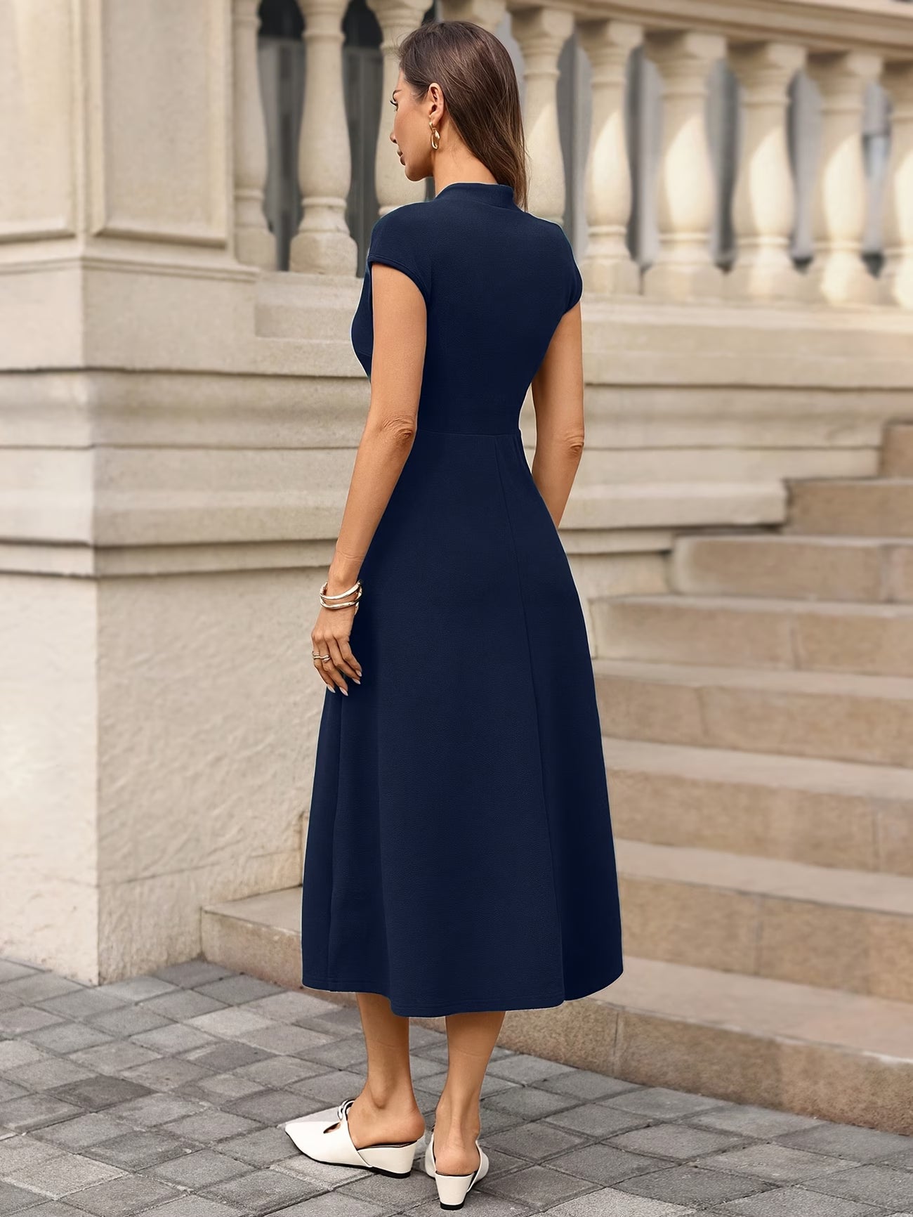 Women's Solid Color Cuffed Sleeve Pocket Button Midi Dress – Elegant Green Office & Party Dress
