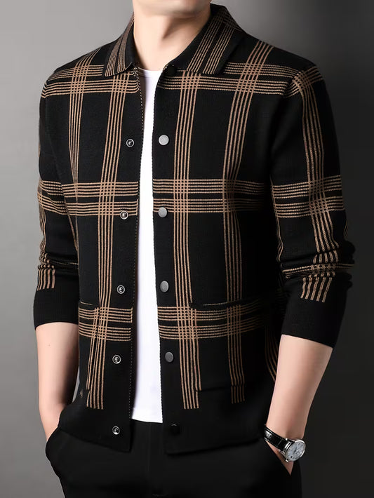 Men's Plaid Casual Cardigan Sweater Jacket – Long-Sleeve Lapel Knitwear for Spring & Autumn