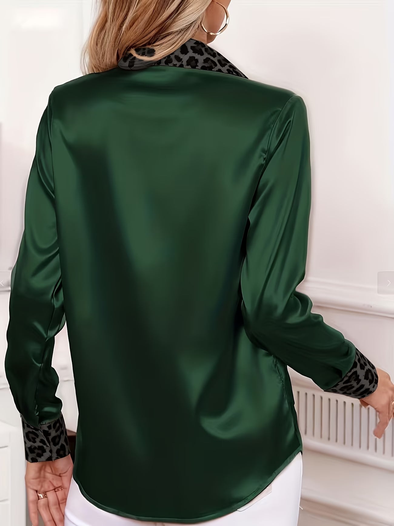 Elegant Women'S Spring/Fall Satin Shirt | Color Block Long Sleeve, Lapel Collar, Slim Fit
