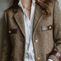 Retro Elegant Lapel Herringbone Commuting Fashion Patchwork Brown Women'S Blazer Jacket
