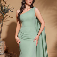 Elegant Off-Shoulder Chiffon Evening Gown – Asymmetrical Long Sleeve Cape Bodycon Dress for Weddings & Galas