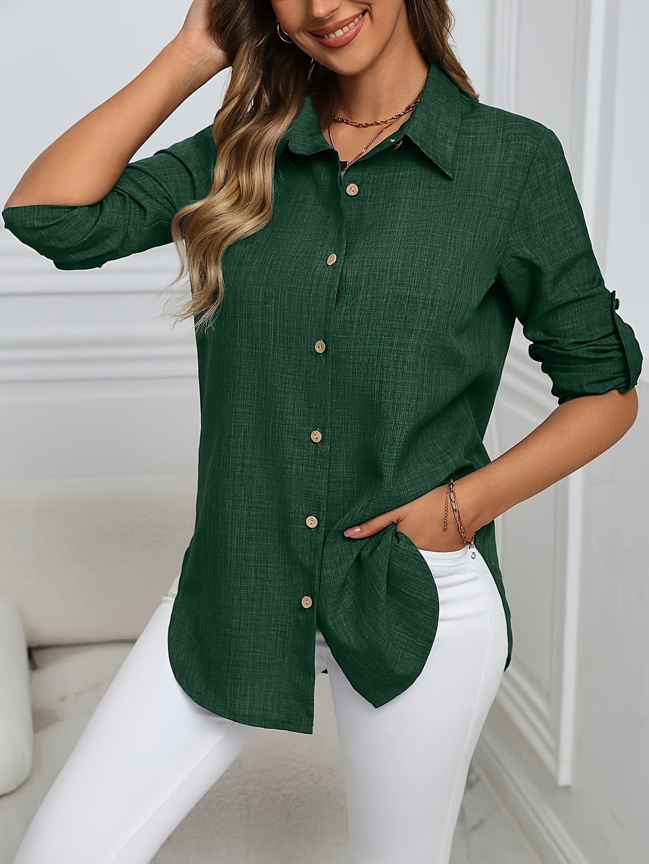 Women'S Casual Button- Collar Shirt - Solid Color Loose Fit Blouse