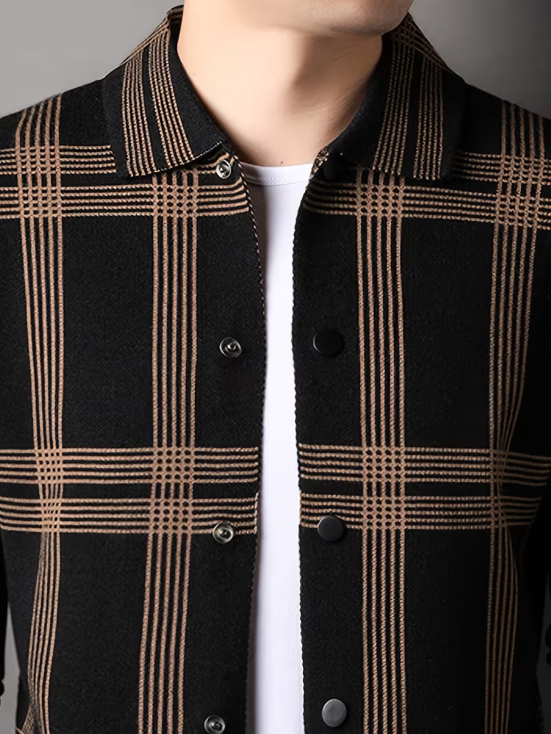 Men's Plaid Casual Cardigan Sweater Jacket – Long-Sleeve Lapel Knitwear for Spring & Autumn