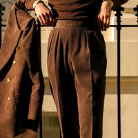 Men's Corduroy High-Waist Straight-Leg Trousers – Elegant Pleated Business Pants Autumn/Winter 2025