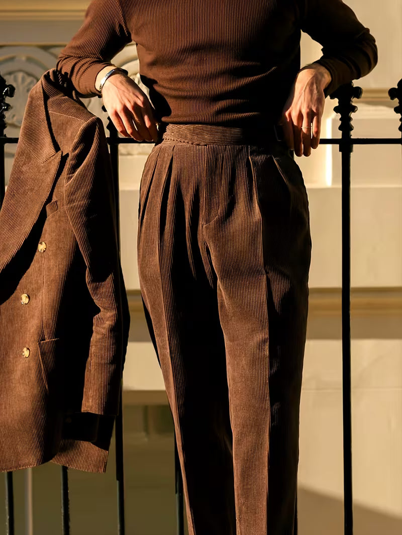 Men's Corduroy High-Waist Straight-Leg Trousers – Elegant Pleated Business Pants Autumn/Winter 2025