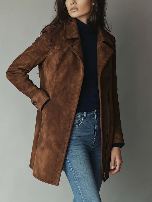 Ladies' Vintage Faux Suede Velvet Zip-up Mid-Length Trench Coat