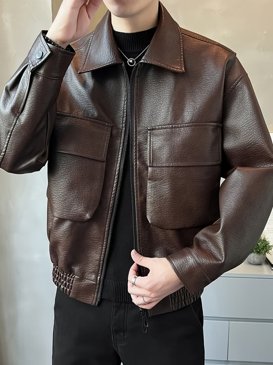 Men's Lapel PU Jacket, Trendy and Versatile for the Modern Gentleman