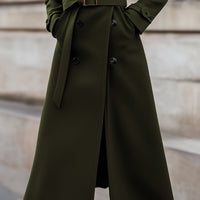 Ladies Solid Color Belted Long Sleeve Trench Coat with Large Lapel | Casual Style, Non-Stretch Fabric, Regular Fit