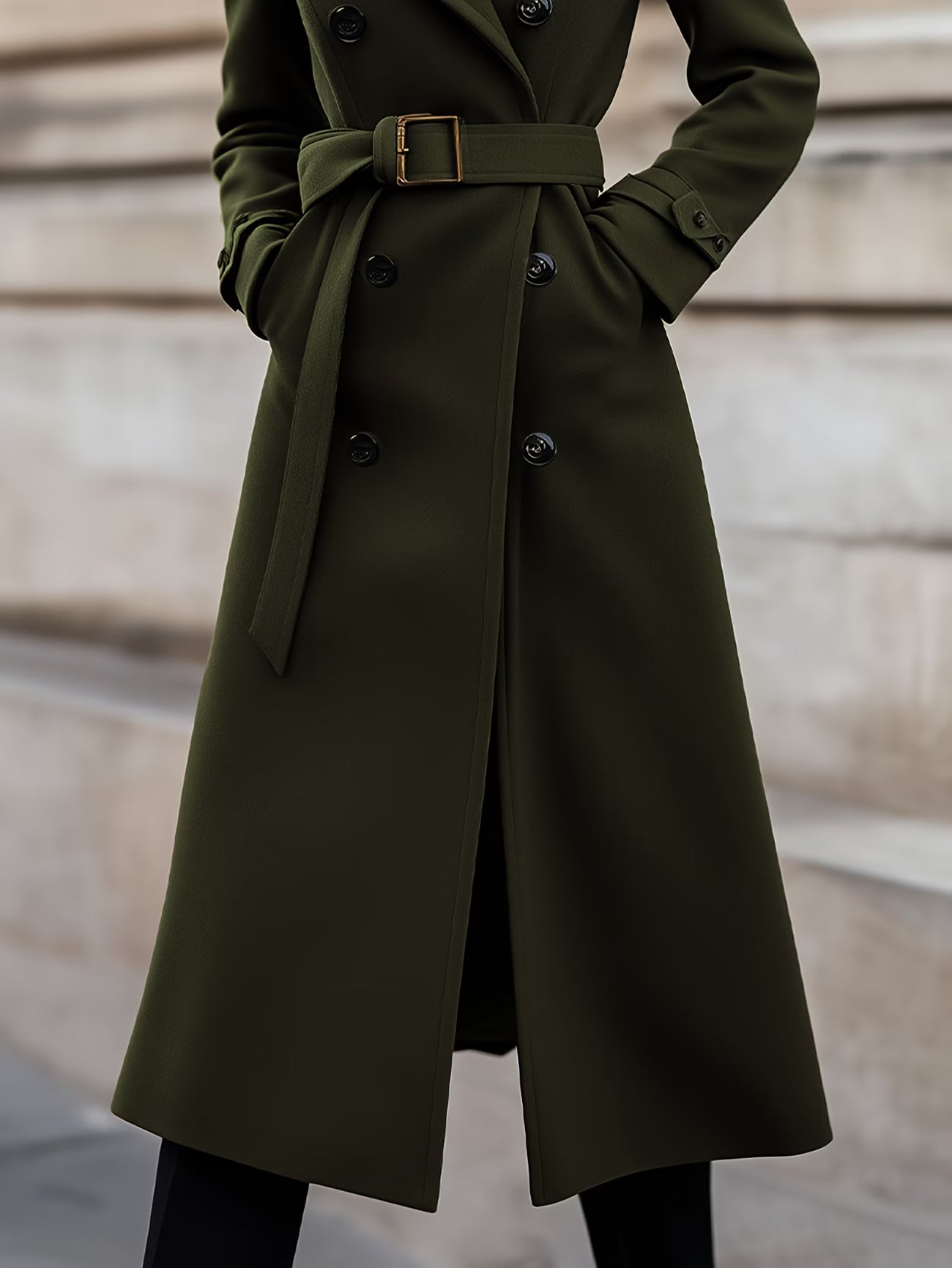 Ladies Solid Color Belted Long Sleeve Trench Coat with Large Lapel | Casual Style, Non-Stretch Fabric, Regular Fit