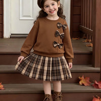 2pcs Girls' Sweatshirt Set, Trendy and Fashionable with Bow Decoration