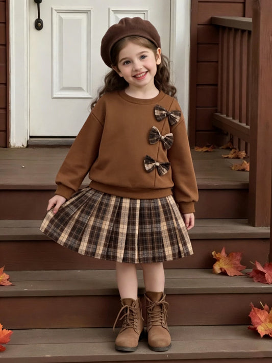 2pcs Girls' Sweatshirt Set, Trendy and Fashionable with Bow Decoration