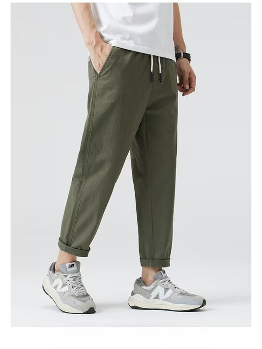 Men's Slim Fit Stretch Casual Trousers – Solid Color Nine-Point Straight-Leg Pants for Spring/Autumn 2025