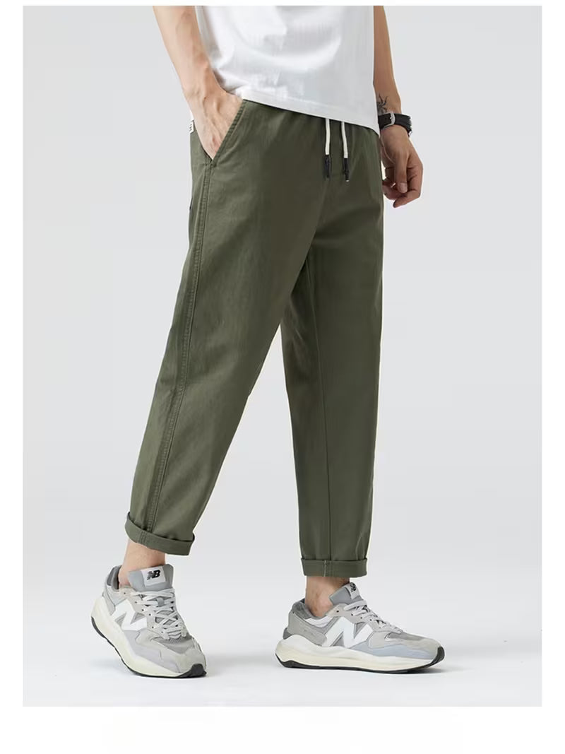 Men's Slim Fit Stretch Casual Trousers – Solid Color Nine-Point Straight-Leg Pants for Spring/Autumn 2025